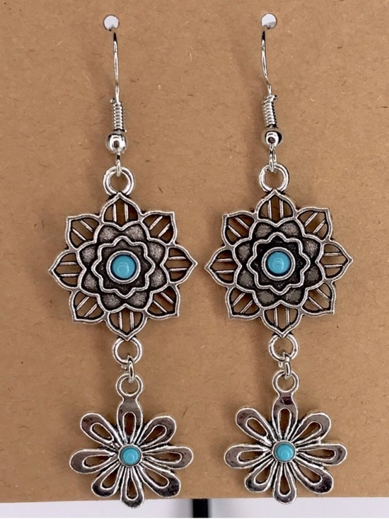 Fashion Jewelry Jewelry - Floral Silver and Turquoise Bohemian Earrings Fashion Jewelry
